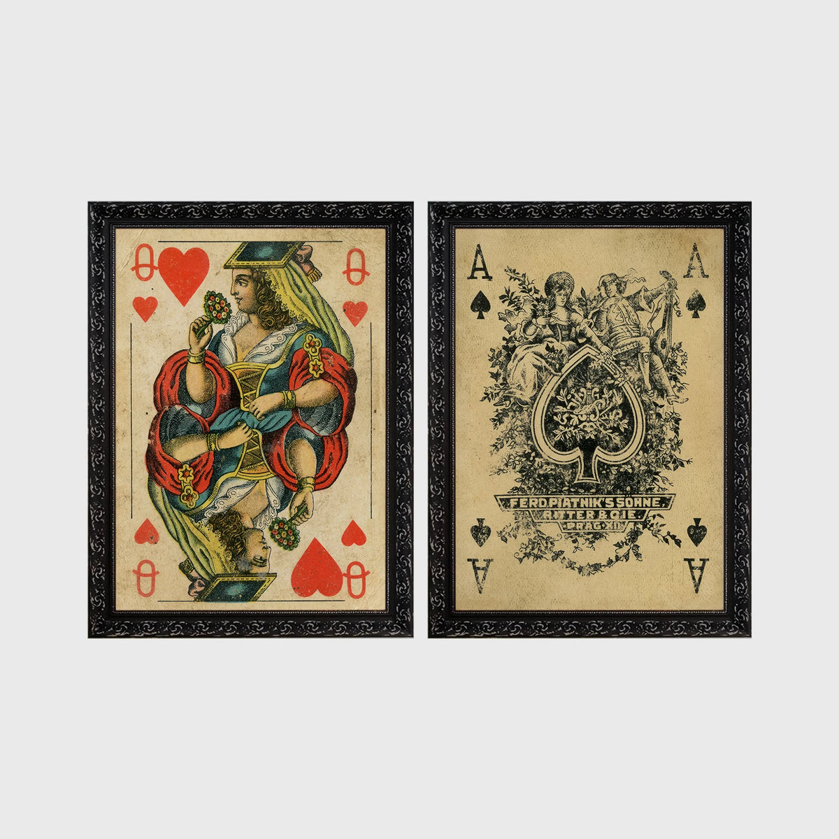 Set of 2 framed prints, vintage oversized playing cards: a Queen of Hearts; and an ornate Ace of Spades — unframed