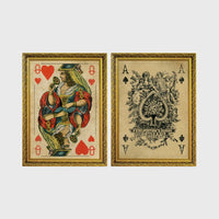 Set of 2 framed prints, vintage oversized playing cards: a Queen of Hearts; and an ornate Ace of Spades — unframed
