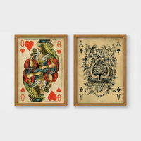 Set of 2 framed prints, vintage oversized playing cards: a Queen of Hearts; and an ornate Ace of Spades — unframed