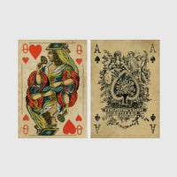 Set of 2 framed prints, vintage oversized playing cards: a Queen of Hearts; and an ornate Ace of Spades — unframed