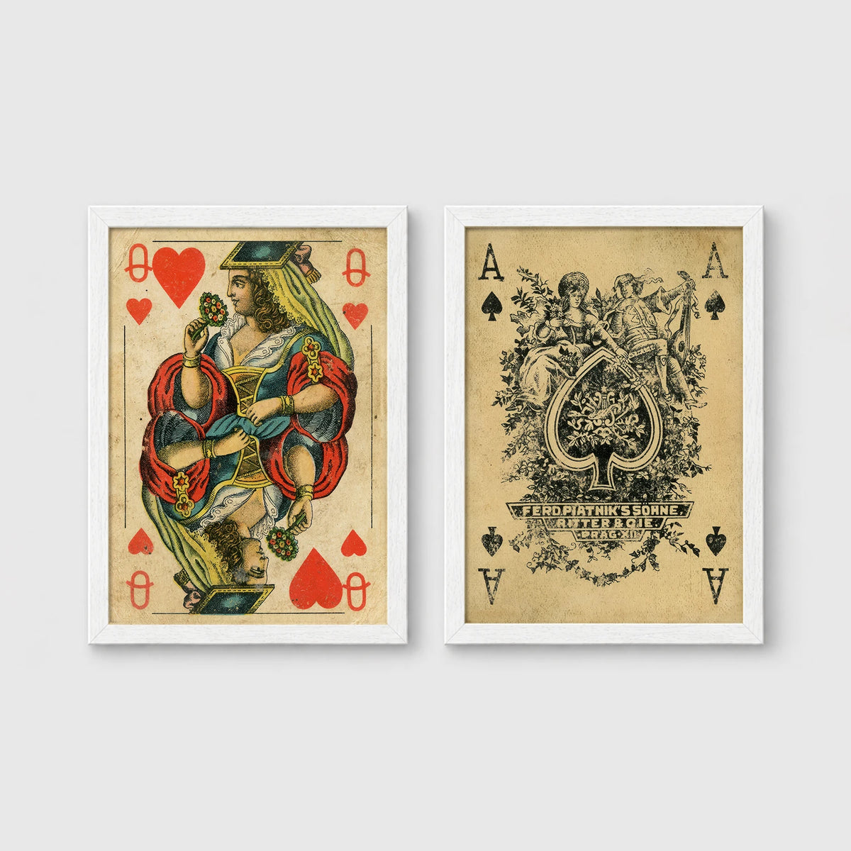 Set of 2 framed prints, vintage oversized playing cards: a Queen of Hearts; and an ornate Ace of Spades — unframed