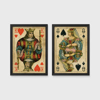 Set of 2 framed prints, vintage oversized playing cards: a King of Hearts; and a Queen of Spades — unframed