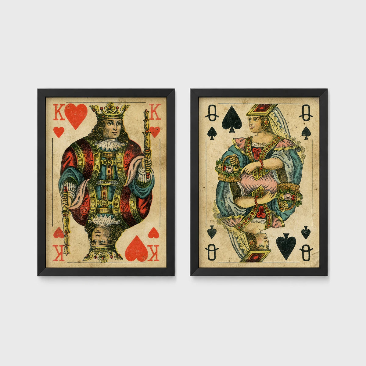 Set of 2 framed prints, vintage oversized playing cards: a King of Hearts; and a Queen of Spades — unframed