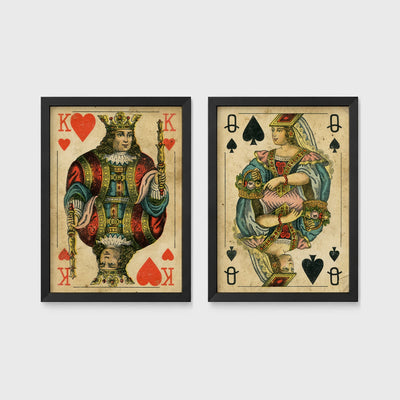 Set of 2 framed prints, vintage oversized playing cards: a King of Hearts; and a Queen of Spades — unframed