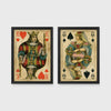 Set of 2 framed prints, vintage oversized playing cards: a King of Hearts; and a Queen of Spades — unframed