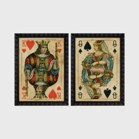 Set of 2 framed prints, vintage oversized playing cards: a King of Hearts; and a Queen of Spades — unframed