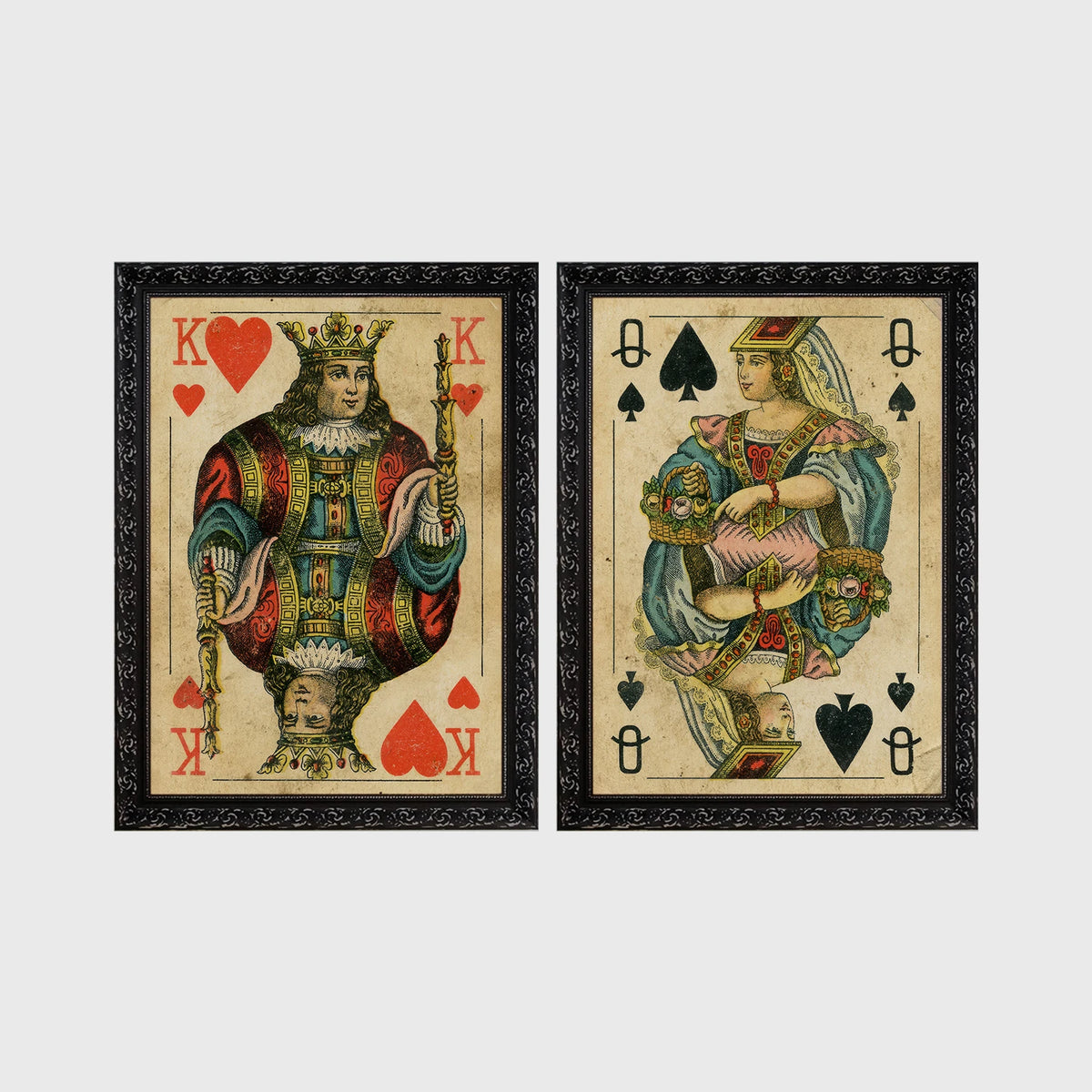 Set of 2 framed prints, vintage oversized playing cards: a King of Hearts; and a Queen of Spades — unframed