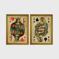 Set of 2 framed prints, vintage oversized playing cards: a King of Hearts; and a Queen of Spades — unframed