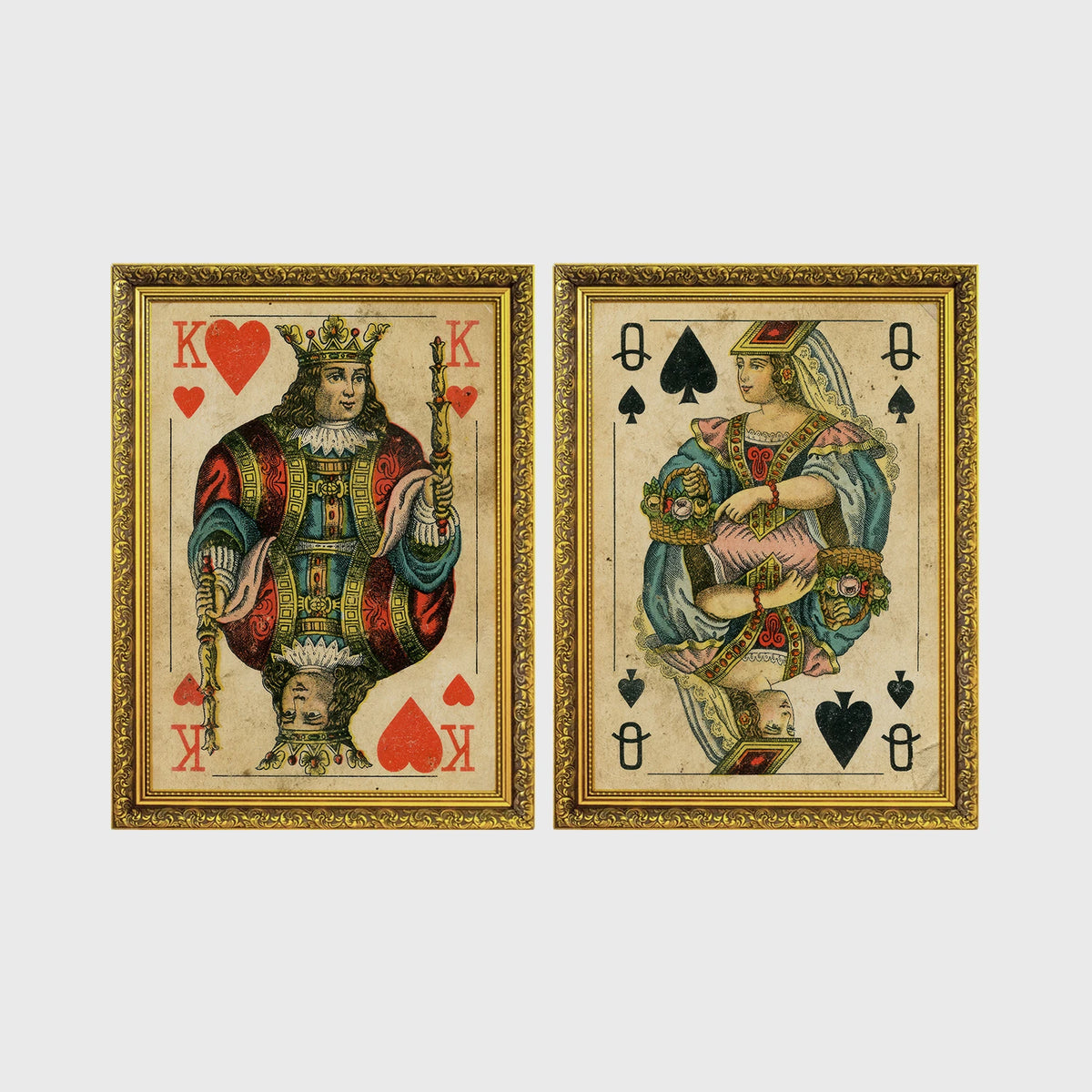 Set of 2 framed prints, vintage oversized playing cards: a King of Hearts; and a Queen of Spades — unframed