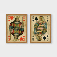 Set of 2 framed prints, vintage oversized playing cards: a King of Hearts; and a Queen of Spades — unframed