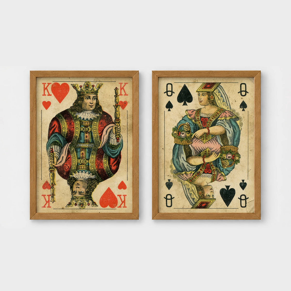 Set of 2 framed prints, vintage oversized playing cards: a King of Hearts; and a Queen of Spades — unframed