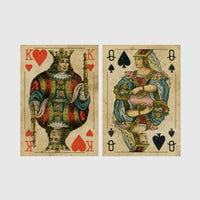 Set of 2 framed prints, vintage oversized playing cards: a King of Hearts; and a Queen of Spades — unframed