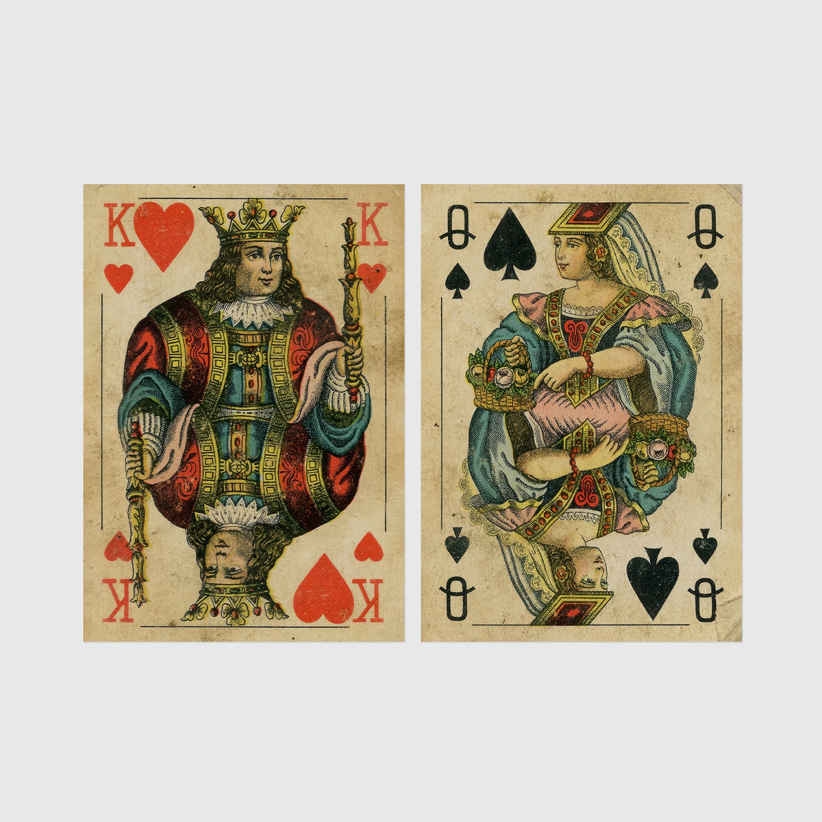Set of 2 framed prints, vintage oversized playing cards: a King of Hearts; and a Queen of Spades — unframed