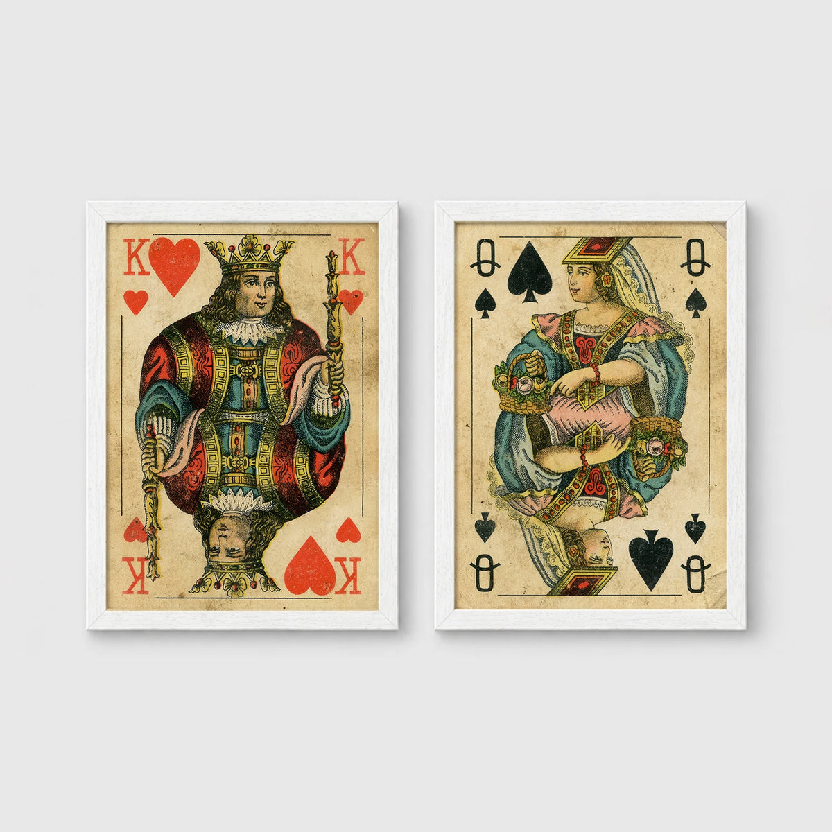 Set of 2 framed prints, vintage oversized playing cards: a King of Hearts; and a Queen of Spades — unframed