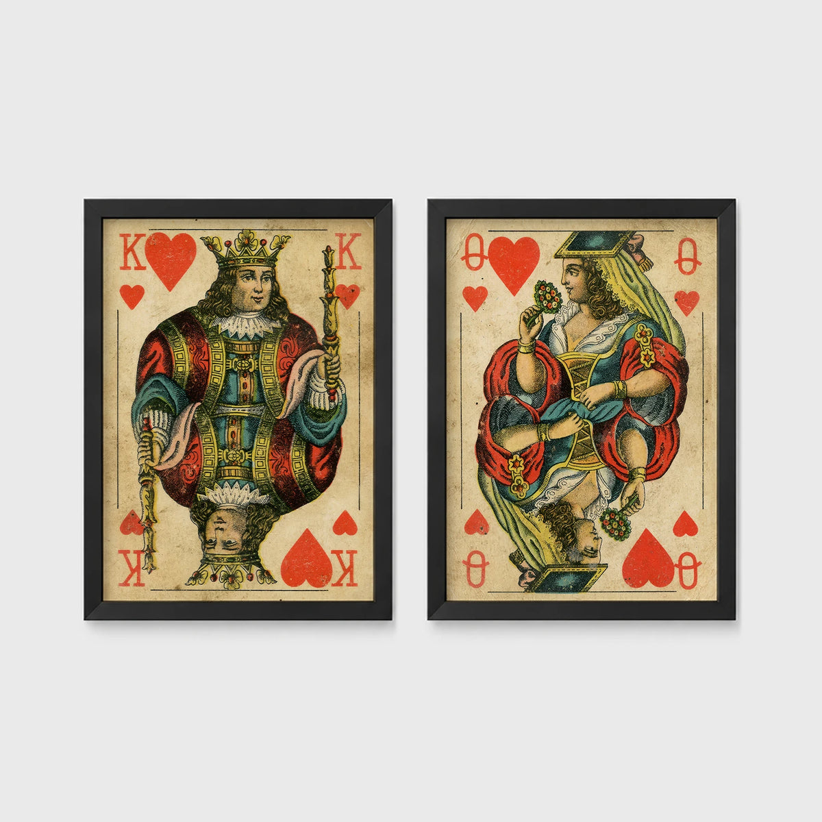 Set of 2 framed prints, vintage oversized playing cards: a King of Hearts; and a Queen of Hearts — unframed