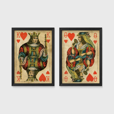 Set of 2 framed prints, vintage oversized playing cards: a King of Hearts; and a Queen of Hearts — unframed