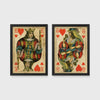 Set of 2 framed prints, vintage oversized playing cards: a King of Hearts; and a Queen of Hearts — unframed