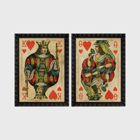 Set of 2 framed prints, vintage oversized playing cards: a King of Hearts; and a Queen of Hearts — unframed