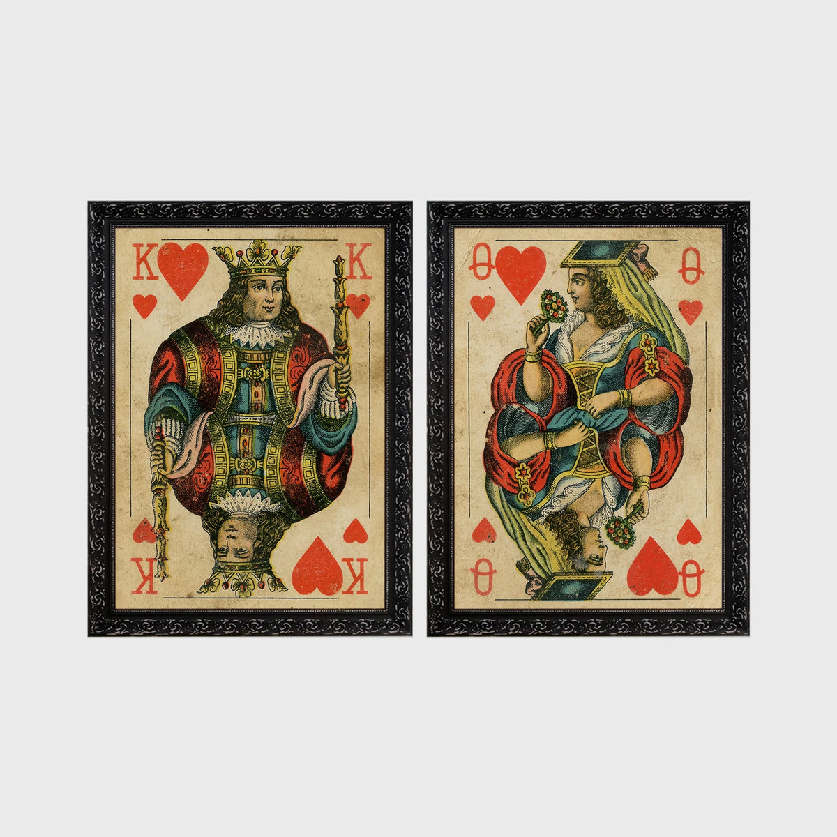 Set of 2 framed prints, vintage oversized playing cards: a King of Hearts; and a Queen of Hearts — unframed
