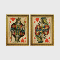 Set of 2 framed prints, vintage oversized playing cards: a King of Hearts; and a Queen of Hearts — unframed