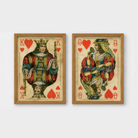 Set of 2 framed prints, vintage oversized playing cards: a King of Hearts; and a Queen of Hearts — unframed