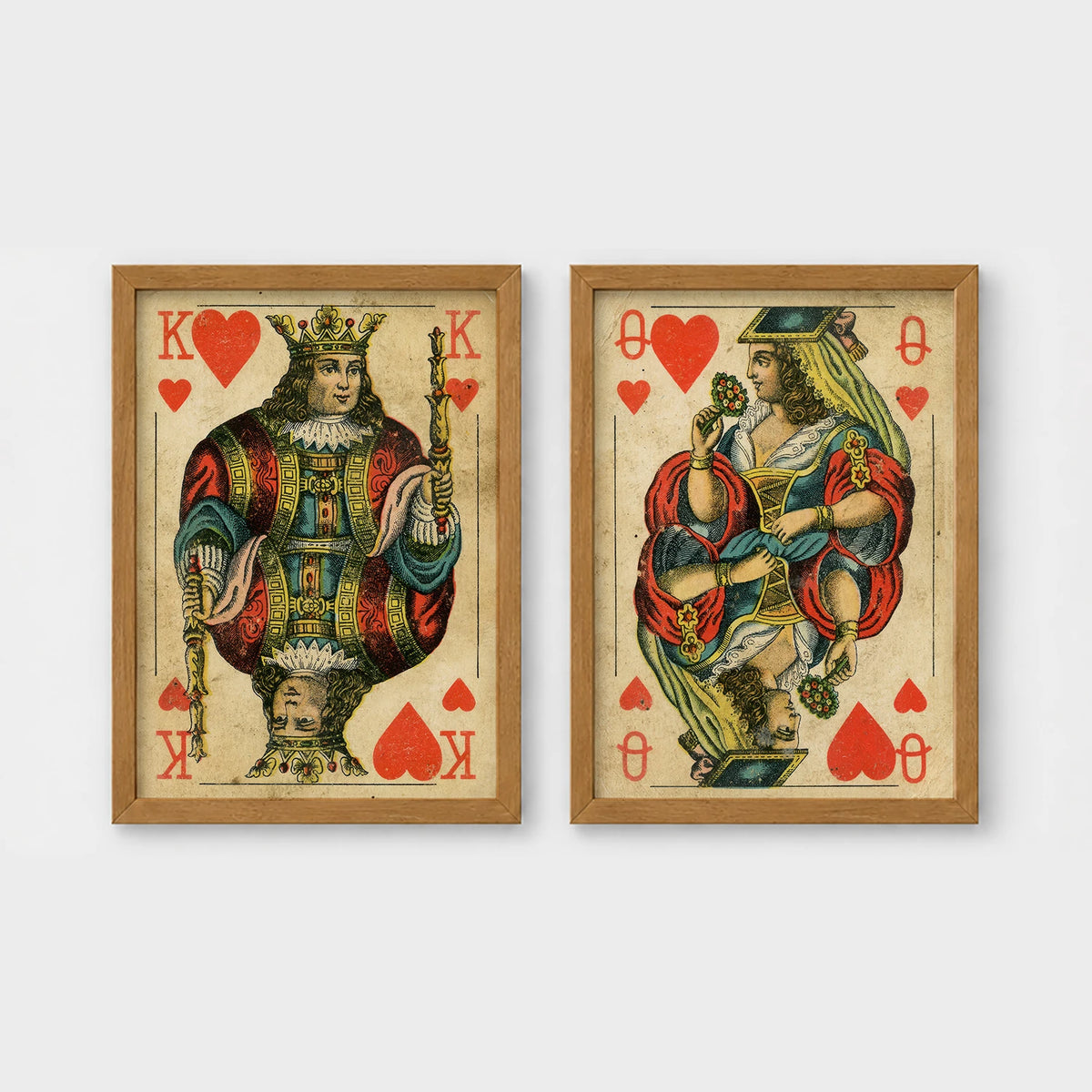 Set of 2 framed prints, vintage oversized playing cards: a King of Hearts; and a Queen of Hearts — unframed