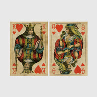 Set of 2 framed prints, vintage oversized playing cards: a King of Hearts; and a Queen of Hearts — unframed