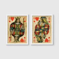 Set of 2 framed prints, vintage oversized playing cards: a King of Hearts; and a Queen of Hearts — unframed