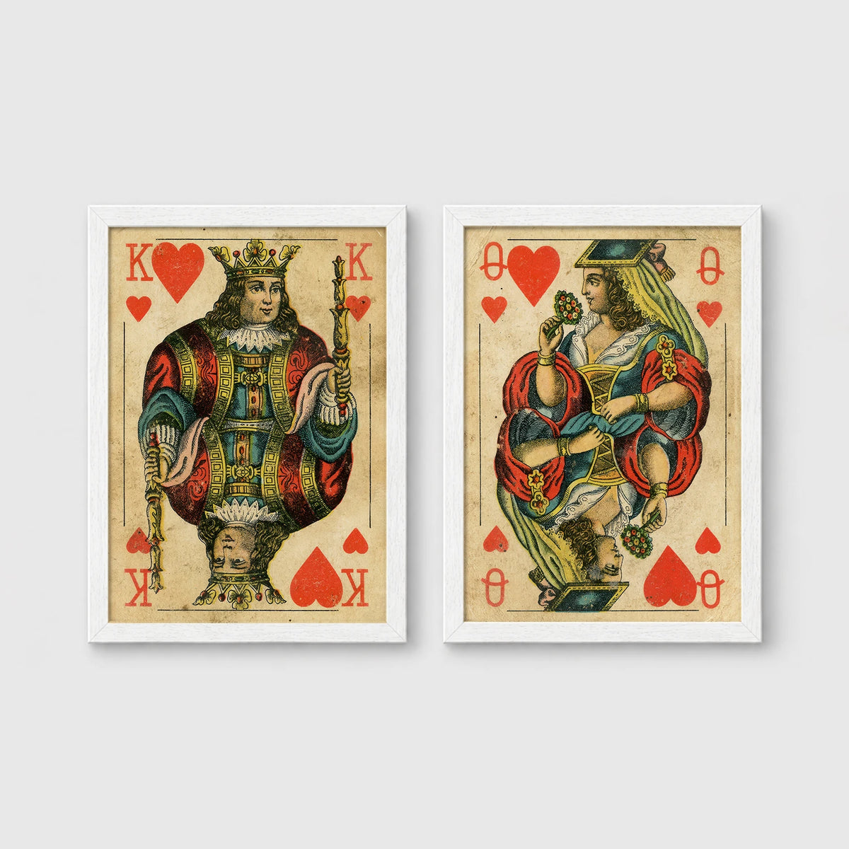 Set of 2 framed prints, vintage oversized playing cards: a King of Hearts; and a Queen of Hearts — unframed