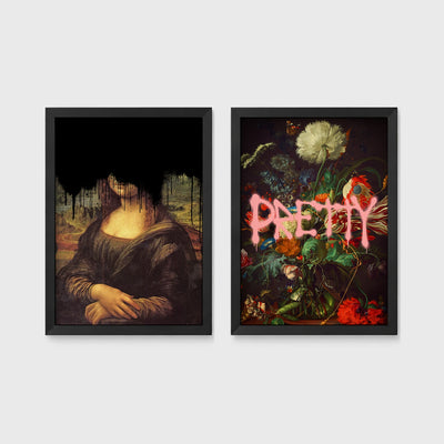 Set of 2 framed prints, classical art with pop-culture twists: the Mona Lisa with black dripping paint over the face; and a dark floral still life with dripping pink "Pretty" text — unframed