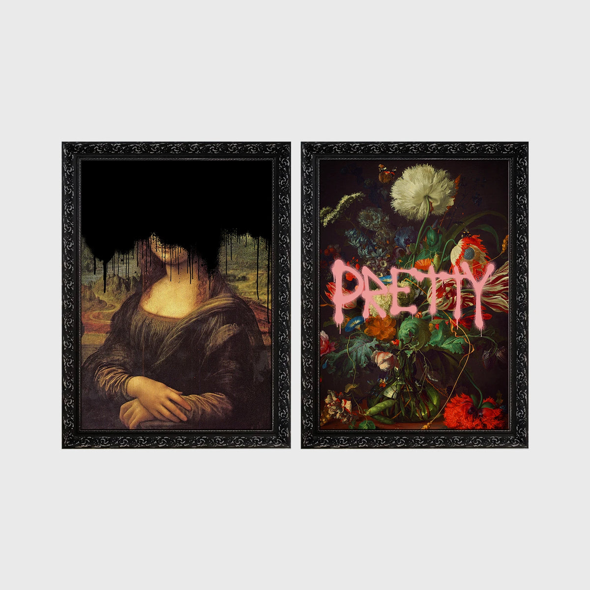 Set of 2 framed prints, classical art with pop-culture twists: the Mona Lisa with black dripping paint over the face; and a dark floral still life with dripping pink "Pretty" text — unframed