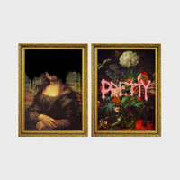Set of 2 framed prints, classical art with pop-culture twists: the Mona Lisa with black dripping paint over the face; and a dark floral still life with dripping pink "Pretty" text — unframed