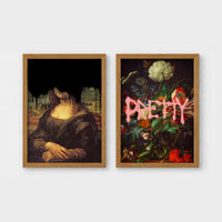 Set of 2 framed prints, classical art with pop-culture twists: the Mona Lisa with black dripping paint over the face; and a dark floral still life with dripping pink "Pretty" text — unframed