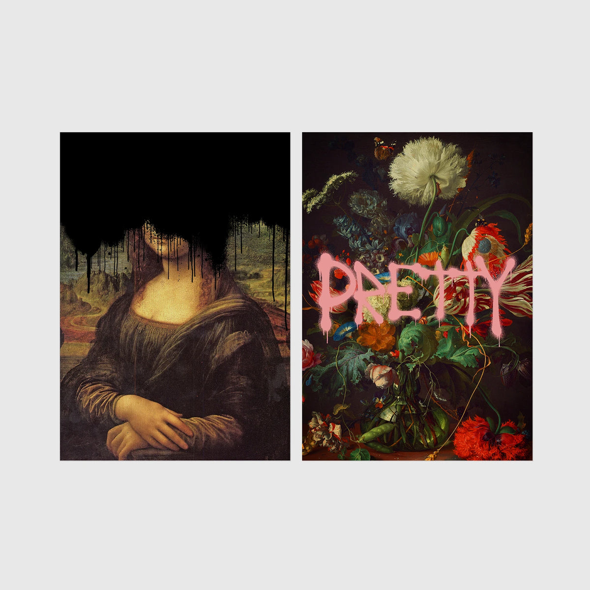Set of 2 framed prints, classical art with pop-culture twists: the Mona Lisa with black dripping paint over the face; and a dark floral still life with dripping pink "Pretty" text — unframed