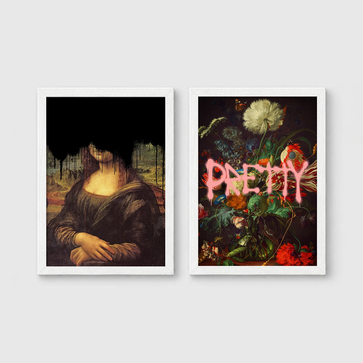 Set of 2 framed prints, classical art with pop-culture twists: the Mona Lisa with black dripping paint over the face; and a dark floral still life with dripping pink "Pretty" text — unframed