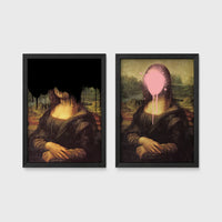 Set of 2 framed prints, classical art with pop-culture twists: the Mona Lisa with black dripping paint over the face; and the Mona Lisa with a pink paint splat over the face — unframed