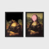 Set of 2 framed prints, classical art with pop-culture twists: the Mona Lisa with black dripping paint over the face; and the Mona Lisa with a pink paint splat over the face — unframed