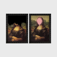 Set of 2 framed prints, classical art with pop-culture twists: the Mona Lisa with black dripping paint over the face; and the Mona Lisa with a pink paint splat over the face — unframed