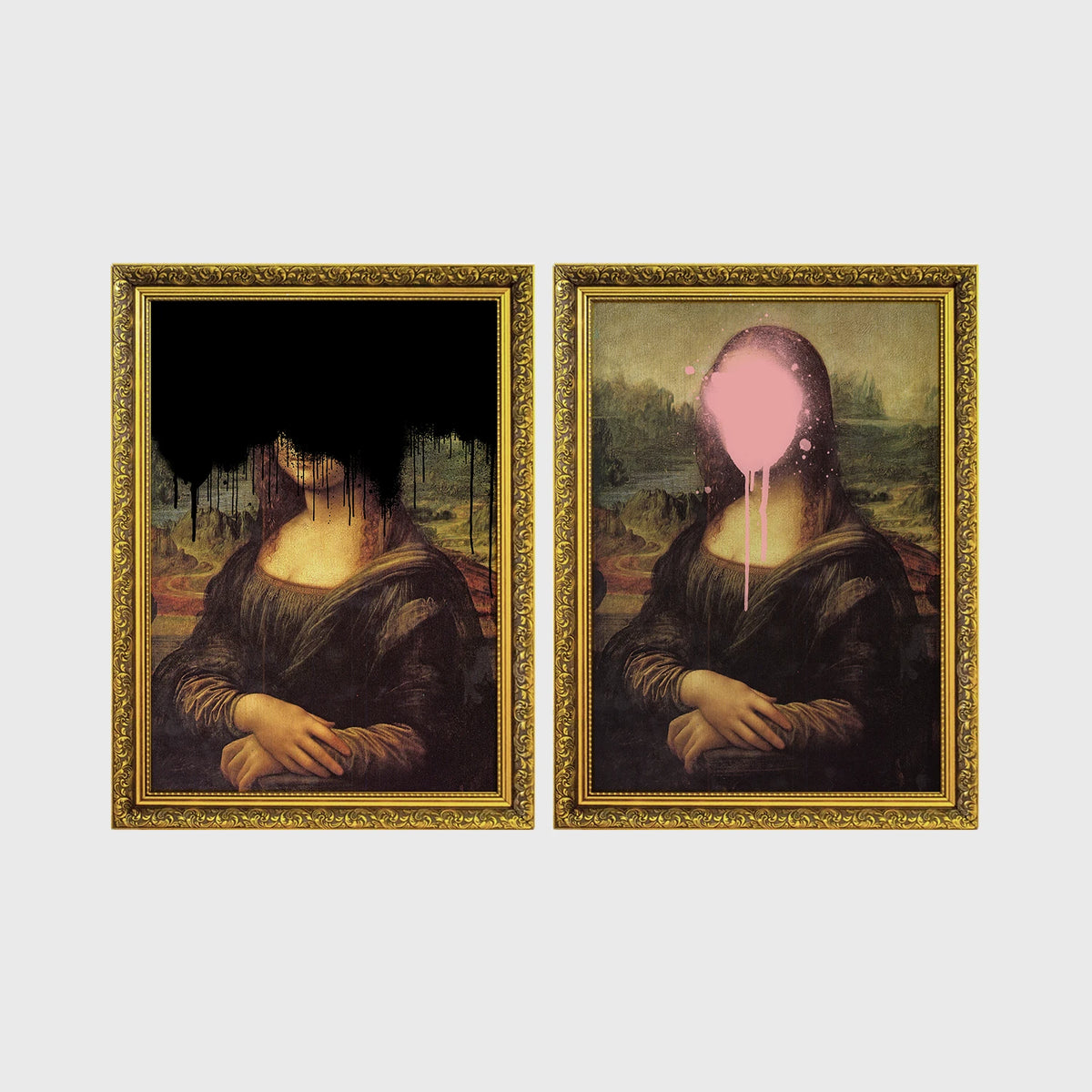 Set of 2 framed prints, classical art with pop-culture twists: the Mona Lisa with black dripping paint over the face; and the Mona Lisa with a pink paint splat over the face — unframed