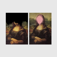 Set of 2 framed prints, classical art with pop-culture twists: the Mona Lisa with black dripping paint over the face; and the Mona Lisa with a pink paint splat over the face — unframed