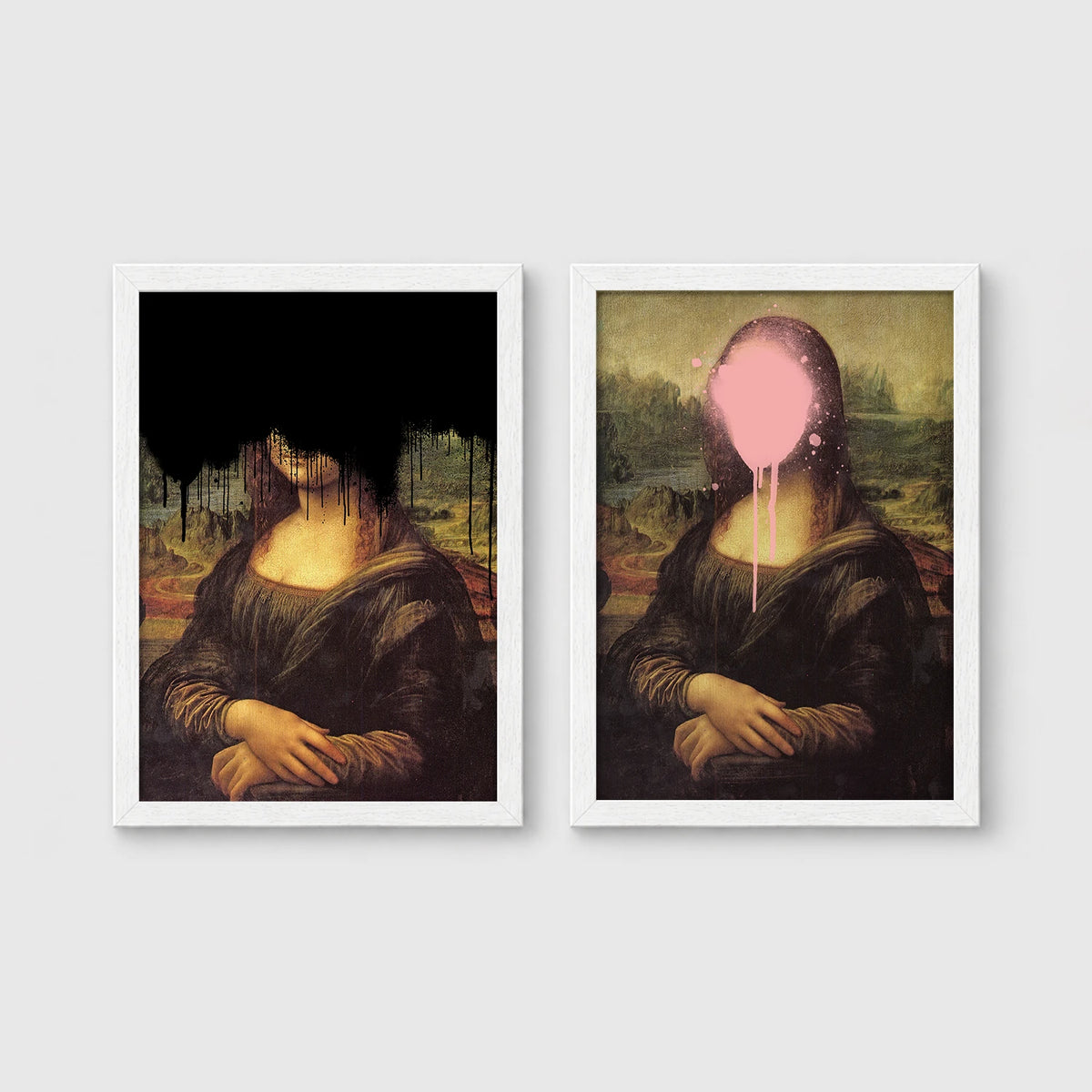 Set of 2 framed prints, classical art with pop-culture twists: the Mona Lisa with black dripping paint over the face; and the Mona Lisa with a pink paint splat over the face — unframed