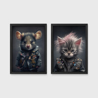 Set of 2 framed prints, punk-style animal portraits: a mouse in a studded punk leather jacket; and a kitten with a punk hairdo in a studded leather jacket — unframed