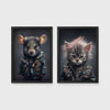 Set of 2 framed prints, punk-style animal portraits: a mouse in a studded punk leather jacket; and a kitten with a punk hairdo in a studded leather jacket — unframed