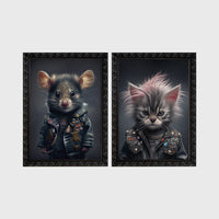 Set of 2 framed prints, punk-style animal portraits: a mouse in a studded punk leather jacket; and a kitten with a punk hairdo in a studded leather jacket — unframed