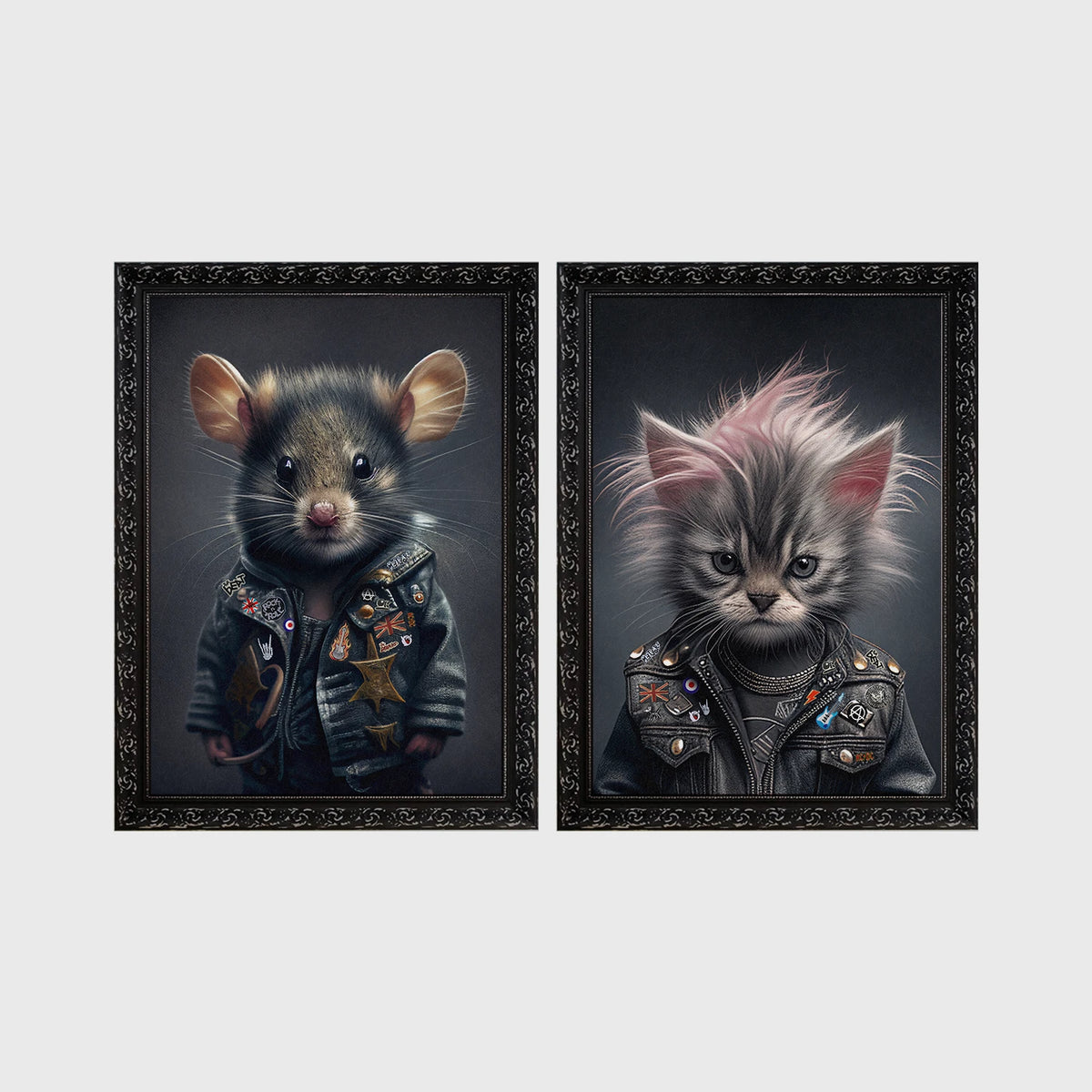 Set of 2 framed prints, punk-style animal portraits: a mouse in a studded punk leather jacket; and a kitten with a punk hairdo in a studded leather jacket — unframed