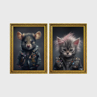 Set of 2 framed prints, punk-style animal portraits: a mouse in a studded punk leather jacket; and a kitten with a punk hairdo in a studded leather jacket — unframed