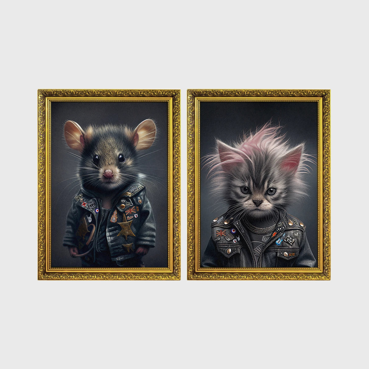Set of 2 framed prints, punk-style animal portraits: a mouse in a studded punk leather jacket; and a kitten with a punk hairdo in a studded leather jacket — unframed