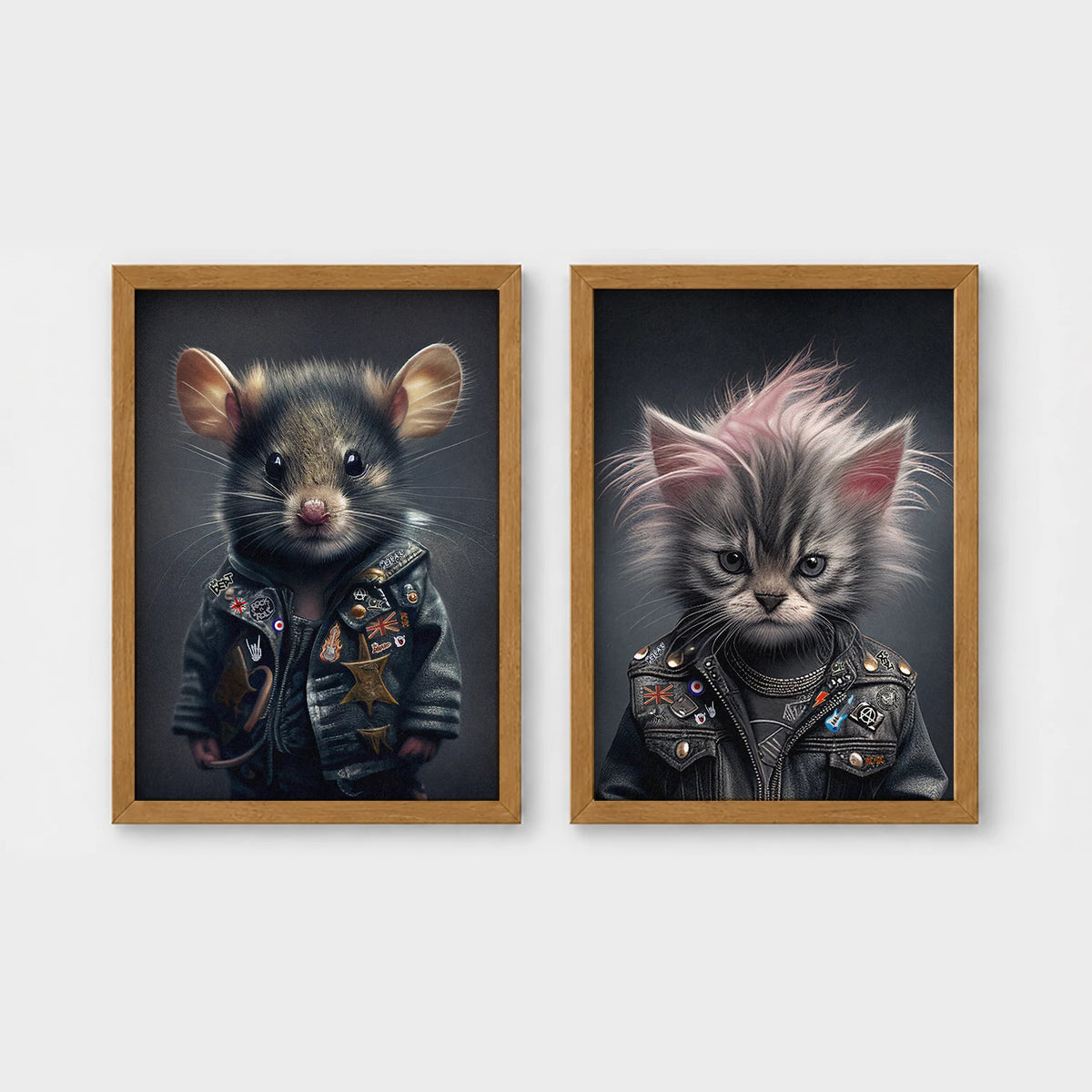 Set of 2 framed prints, punk-style animal portraits: a mouse in a studded punk leather jacket; and a kitten with a punk hairdo in a studded leather jacket — unframed