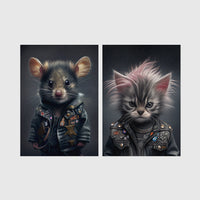 Set of 2 framed prints, punk-style animal portraits: a mouse in a studded punk leather jacket; and a kitten with a punk hairdo in a studded leather jacket — unframed