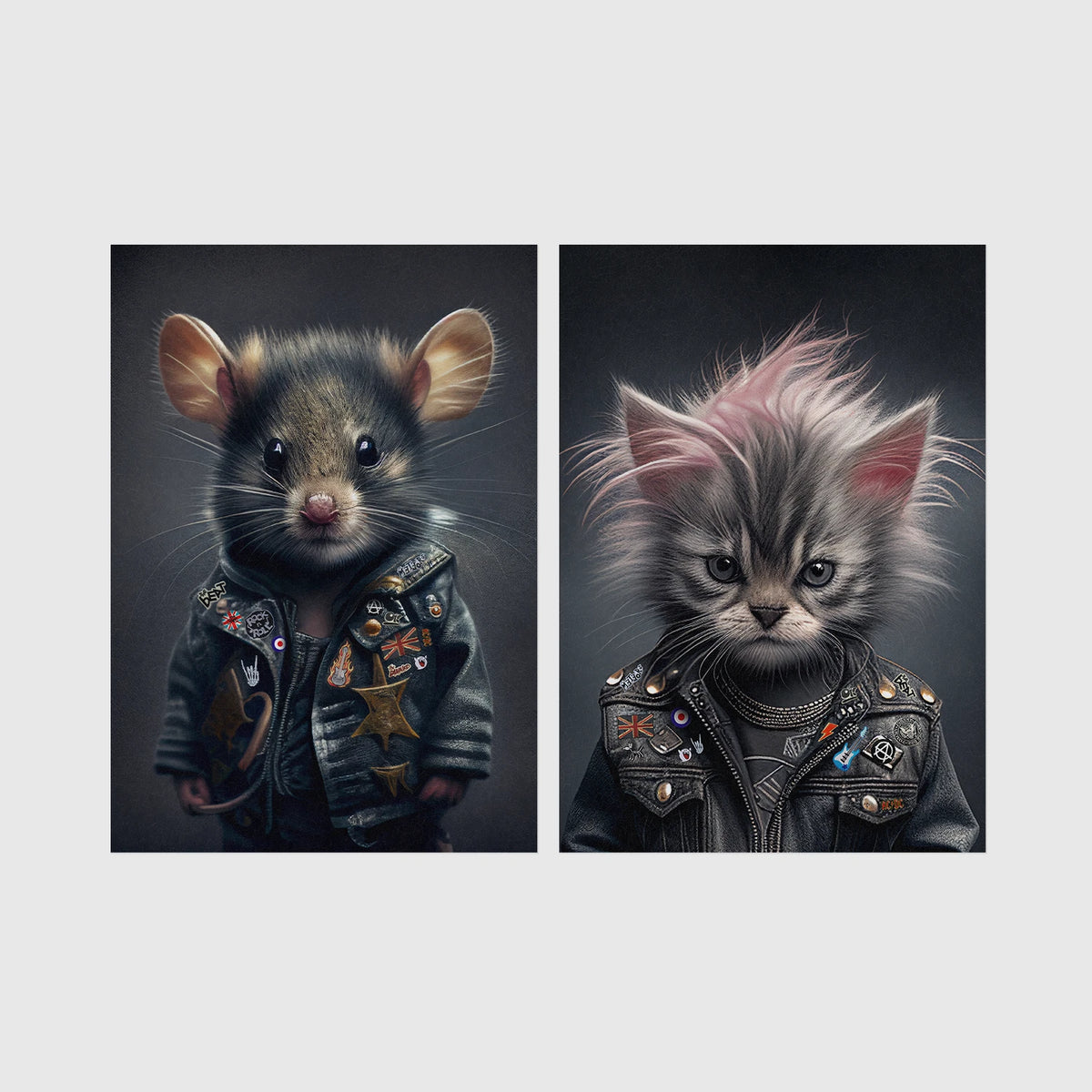 Set of 2 framed prints, punk-style animal portraits: a mouse in a studded punk leather jacket; and a kitten with a punk hairdo in a studded leather jacket — unframed